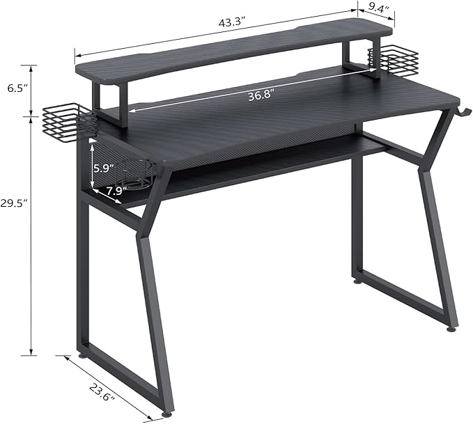 Gaming Desk, Computer Desk with Large Monitor Stand and Open Shelf,Gamer Table Workstation with Cup Holder, Headphone Hook, 2 Speaker Stand for Home Office (Black Carbon Fiber) - LeafyLoom
