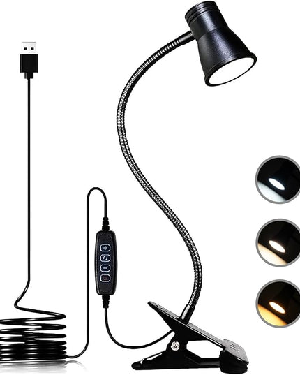 Clip Desk Lamp, USB Reading Light, Flexible Neck Led Clamp Light with 3 Color Temperature Options, 10 Dimmable Brightness Levels for Working, Studying (8W) - LeafyLoom
