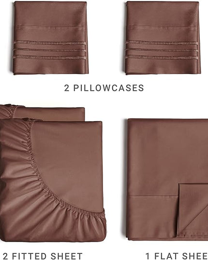 Split King Size 5 Piece Sheet Set - Comfy Breathable & Cooling Sheets - Hotel Luxury Bed Sheets for Women & Men - Deep Pockets, Easy-Fit, Soft & Wrinkle Free Sheets - Brown Oeko-Tex Bed Sheet Set - LeafyLoom