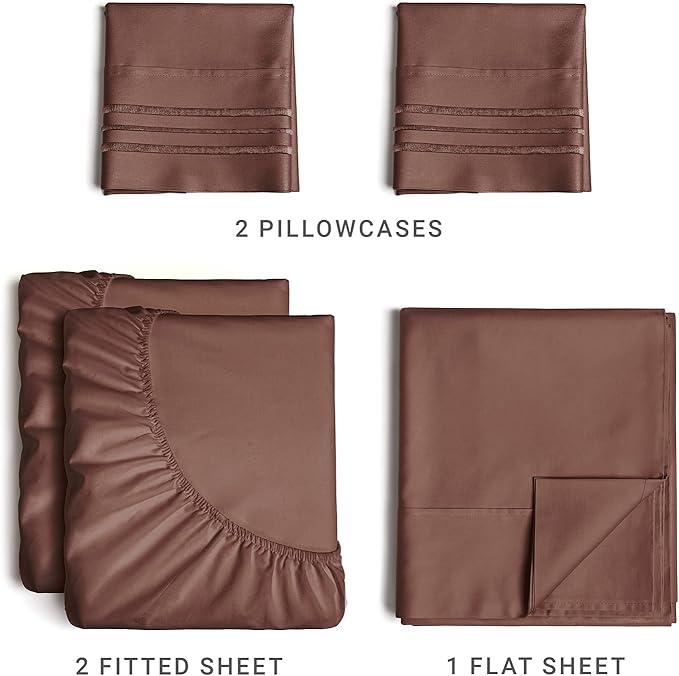Split King Size 5 Piece Sheet Set - Comfy Breathable & Cooling Sheets - Hotel Luxury Bed Sheets for Women & Men - Deep Pockets, Easy-Fit, Soft & Wrinkle Free Sheets - Brown Oeko-Tex Bed Sheet Set - LeafyLoom