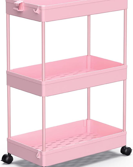 SPACEKEEPER Rolling Storage Cart 3 Tier, Bathroom Cart Organizer Laundry Room Organizer Utility Cart Mobile Shelving Unit Multi-Functional Shelves for Office, Kitchen, Bathroom, Pink - LeafyLoom