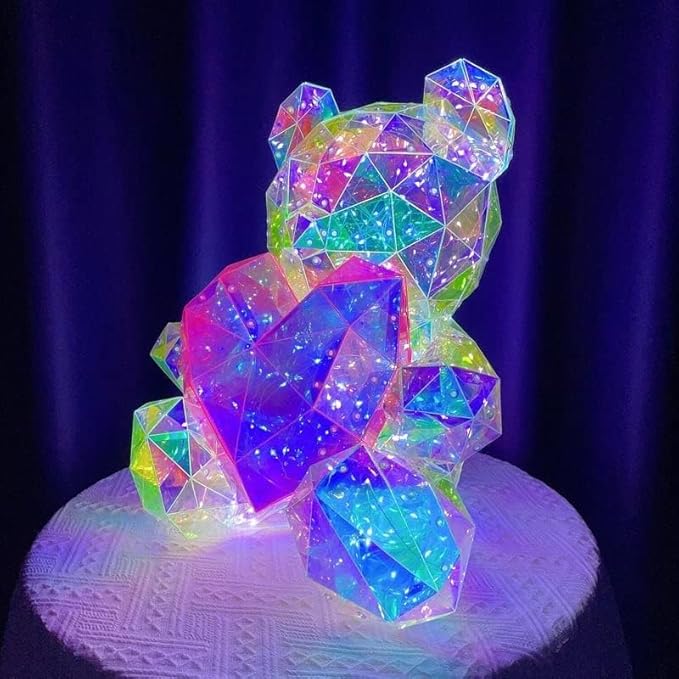 Gorgeous Shining LED Teddy Bear Holding a Pink Heart, Forever Gifts for Her Valentine's Day Anniversary and Birthday 10 inch Mood Lighting Galaxy Lamp - w/Clear Gift Box - LeafyLoom