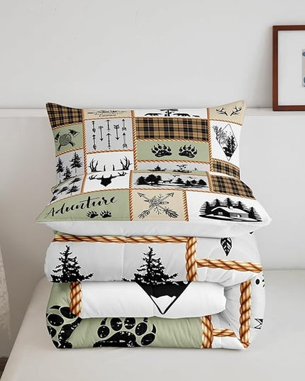 Camper Adventure Kids Comforter Set Full Size,Deer Antlers Bear Paws Farmhouse Bedding Set for Boys Girls Adults Room Decor,Arrows Plaids Patchwork Down Comforter,Rustic Duvet Insert,2 Pillowcases - LeafyLoom