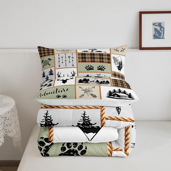 Camper Adventure Kids Comforter Set Full Size,Deer Antlers Bear Paws Farmhouse Bedding Set for Boys Girls Adults Room Decor,Arrows Plaids Patchwork Down Comforter,Rustic Duvet Insert,2 Pillowcases - LeafyLoom