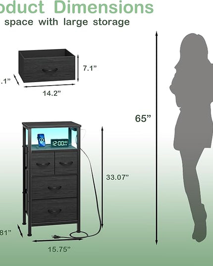 Furnulem Tall Night Stand with Charging Station and Led Light, Small Dresser with Open Shelf and 4 Storage Drawers, Black Side Table Fabric Nightstand for Bedroom, Entryway, Bedside Furniture - LeafyLoom