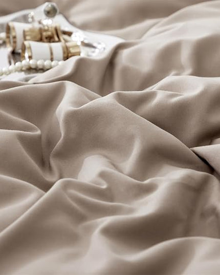 Deep Champagne Comforter Set Full Pom Pom Fringe Comforter 3 PCs Soft Taupe Boho Ball Pom Pom Full Comforter Bedding Women Men Solid Dark Khaki Full Bed Comforter Set All Season Gift - LeafyLoom