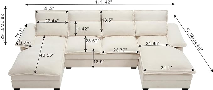 Symmetrical Modular Sectional Sofa with Chaise Lounge, 6 Seater Fabric Upholstered Cloud Couch, U Shaped Oversized Sleeper Sofa&Couches with Thicked Cushion & Detackable Backrest Living Room - LeafyLoom