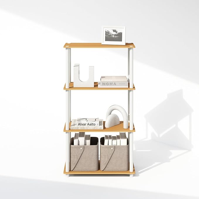 Furinno Turn-N-Tube 4-Tier Multipurpose Shelf Display Rack, Shelving Unit, Bookcase, Beech/White - LeafyLoom