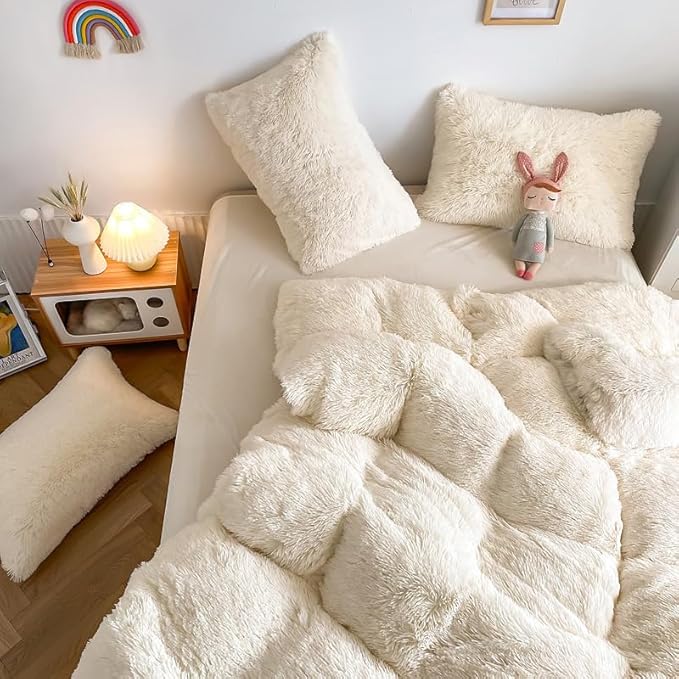 Faux Fur Kids Girls Milky White Comforter Sets King - 3PC Bed Set Warm Comfortable Soft Plush Flannel Velvet Fluffy Fuzzy Bedding（Comforter x 1 Pillowcases x 2） - LeafyLoom