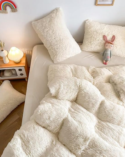 Faux Fur Kids Girls Milky White Comforter Sets Queen - 3PC Bed Set Warm Comfortable Soft Plush Flannel Velvet Fluffy Fuzzy Bedding（Comforter x 1 Pillowcases x 2） - LeafyLoom