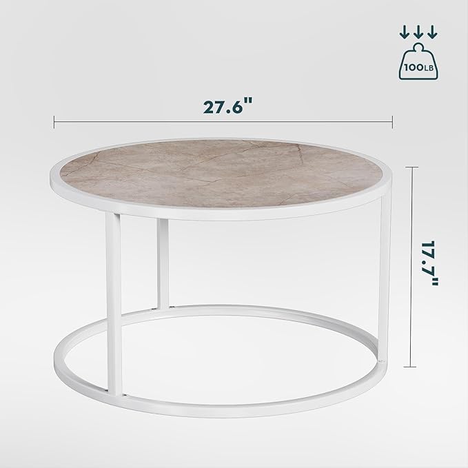 SAYGOER Marble Coffee Table Small Round Center Table Simple Modern Boho for Living Room Home Office, 27.6 * 27.6 * 17.7, Easy Assembly, Cream White Faux Marble - LeafyLoom