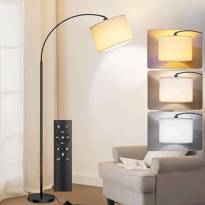 Arc Floor Lamps for Living Room,Modern Standing Lamp with Remote Control,Tall Lamp with Stepless Dimmable,5 Color temperatures,Over Couch Arched Reading Light for Bedroom,Office(Bulb Included) - LeafyLoom