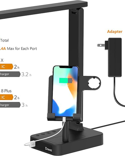 Drevet 3 in 1 LED Desk Table Lamp with Cell Phone Holder and Apple Watch Charger Stand, Eye-Caring Foldable Desk Light with USB Charging Port, 3 Level Brightness, Memory Function, Touch Control, Black - LeafyLoom
