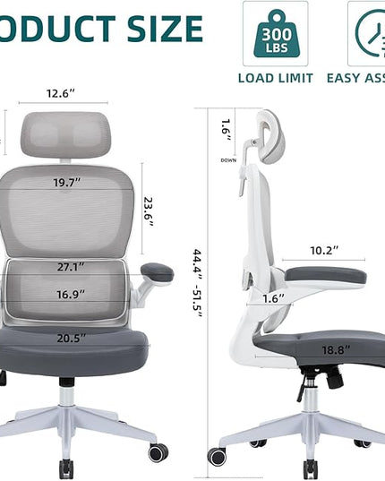 Home Office Chair High Back Computer Desk Chair Ergonomic Task Chair Executive Chair with Lumbar Support Recliner Chair with Adjustable Headrest,Flip-up Armrests (White/Gray with Nylon Base) - LeafyLoom