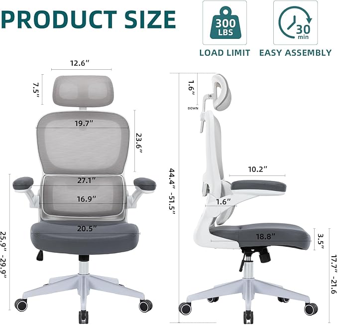 Home Office Chair High Back Computer Desk Chair Ergonomic Task Chair Executive Chair with Lumbar Support Recliner Chair with Adjustable Headrest,Flip-up Armrests (White/Gray with Nylon Base) - LeafyLoom