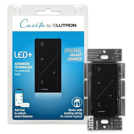 Lutron Caseta Original Smart Dimmer Switch (Lutron Smart Hub Required), for LED Lights, 150 Watt, Single-Pole/3-Way, No Neutral Required, PD-6WCL-BL, Black Lutron