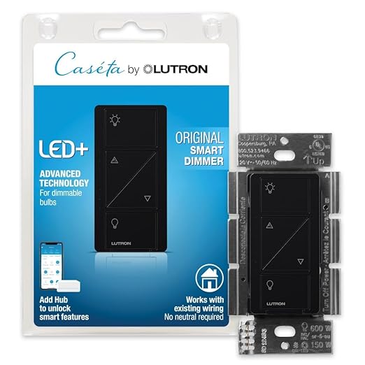 Lutron Caseta Original Smart Dimmer Switch (Lutron Smart Hub Required), for LED Lights, 150 Watt, Single-Pole/3-Way, No Neutral Required, PD-6WCL-BL, Black Lutron