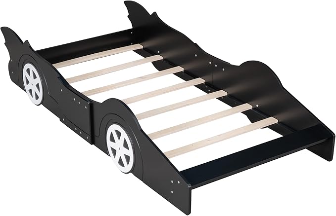Car Shaped Toddler Bed with Wheels,Racecar Platform Beds W/Safety Guardrail,Slats Support,Stylish Design,Easy Assembly,Wood Twin Bedframe for Boys Toddlers Kids Teens Bedroom,Black - LeafyLoom