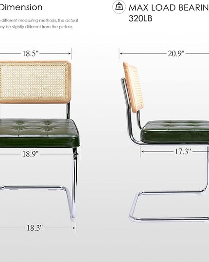 Zesthouse Mid-Century Modern Dining Chairs, Upholstered Tufted Faux Leather Accent Chairs Rattan Dining Chairs Set of 2, Armless Mesh Back Cane Chairs with Metal Chrome Legs, Green - LeafyLoom
