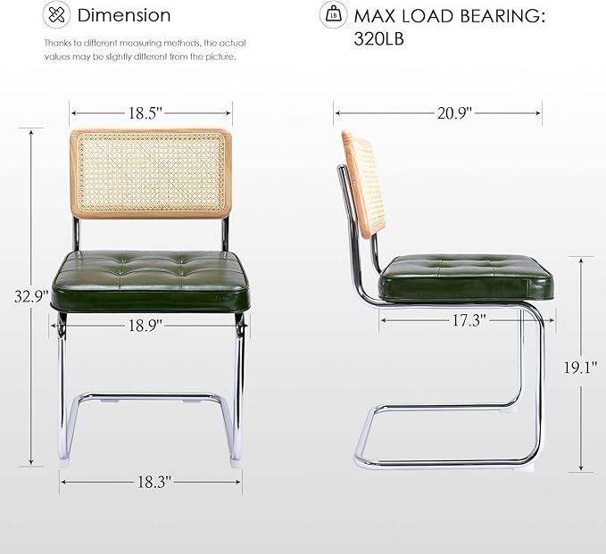 Zesthouse Mid-Century Modern Dining Chairs, Upholstered Tufted Faux Leather Accent Chairs Rattan Dining Chairs Set of 2, Armless Mesh Back Cane Chairs with Metal Chrome Legs, Green - LeafyLoom