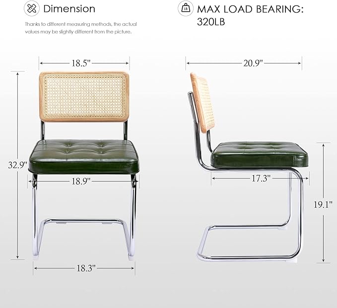 Zesthouse Mid-Century Modern Dining Chairs 4 Pcs, Accent Rattan Kitchen Chairs, Armless Mesh Back Cane Chairs, Upholstered Leather Chairs with Metal Chrome Legs, Green - LeafyLoom