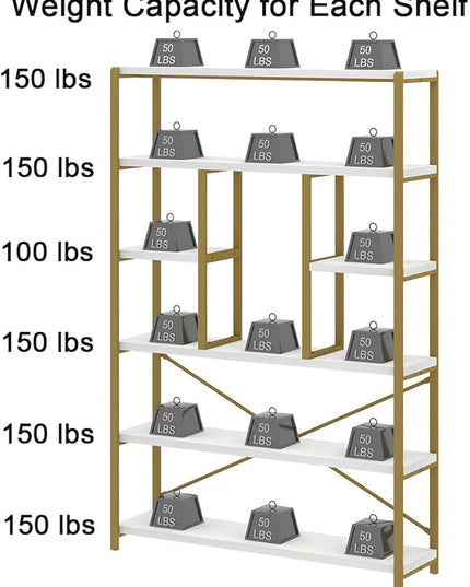 LVB Gold Book Shelf Organizer, Large Tall 6 Tier Bookshelves Storage, Big Modern Metal Wooden 6 Shelf Bookcase, Farmhouse Open Display Vertical Bookshelf for Bedroom Living Room Office, White and Gold - LeafyLoom