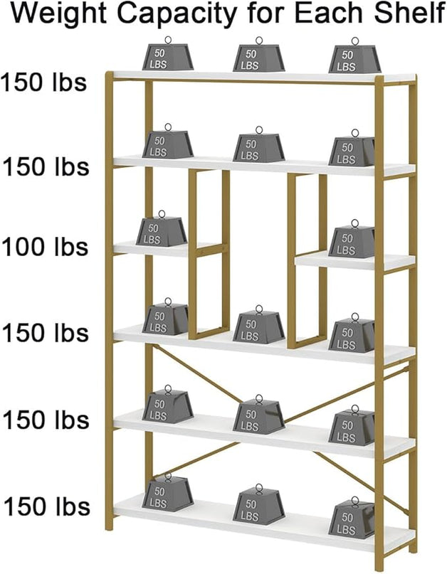 LVB Gold Book Shelf Organizer, Large Tall 6 Tier Bookshelves Storage, Big Modern Metal Wooden 6 Shelf Bookcase, Farmhouse Open Display Vertical Bookshelf for Bedroom Living Room Office, White and Gold - LeafyLoom