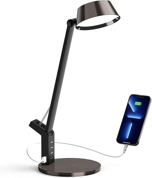 LED Desk Lamp with USB Charging Port, Home Office Desk Lamp Touch Control Dimmable Table Lamp with 3 Color Modes, Eye Caring LED Lamp for Study, Reading, Work (Copper) - LeafyLoom