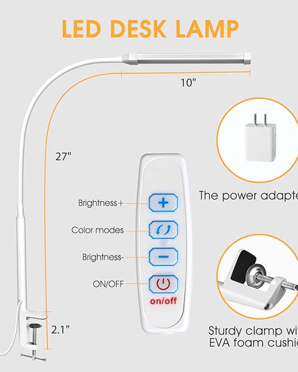 LED Desk lamp with Clamp, Eye-caring Clip on Lights for Home Office, 3 Modes 10 Brightness, Long Flexible Gooseneck,Metal, Swing Arm Architect Task Table Lamps with USB Adapter, White - LeafyLoom