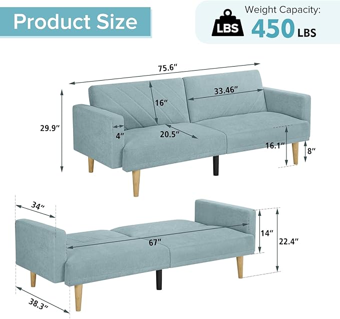 Folding Futon Sofa Tapered Wood Legs,Modern Space Saving Couch,Easily Converts to Single Bed,Easy Assembly,Multi-Functional Loveseat Ideal for Small Home Living Room,Blue, 76" - LeafyLoom