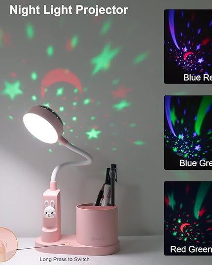 Cute Kids Desk Lamp 2000mAh Rechargeable Kawaii Desk Lamp with Star Projection/Pen Holder, Aesthetic Kids Bedside Lamp with Flexible Gooseneck/ 3 Level Brightness/Eye-Caring for Reading, Pink - LeafyLoom