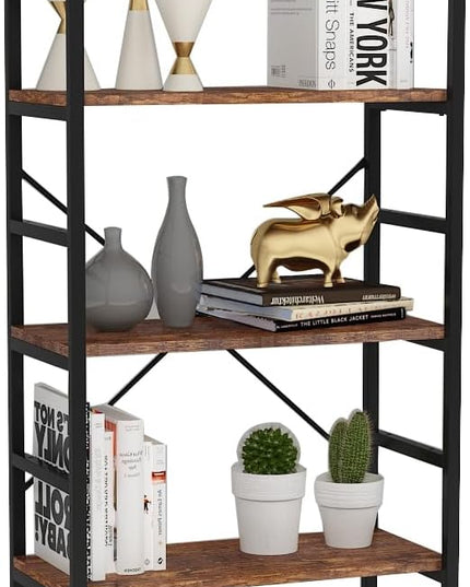 5 Tier Tall BookShelf,Bookcase with Steel Frame,Home Office Modern Bookcase Shelf for Bedroom/Living Room/Home Office - Rustic Brown Storage Rack for Books,Garage Kit, CDs and Movies - LeafyLoom