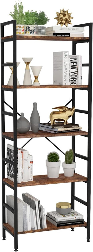 5 Tier Tall BookShelf,Bookcase with Steel Frame,Home Office Modern Bookcase Shelf for Bedroom/Living Room/Home Office - Rustic Brown Storage Rack for Books,Garage Kit, CDs and Movies - LeafyLoom