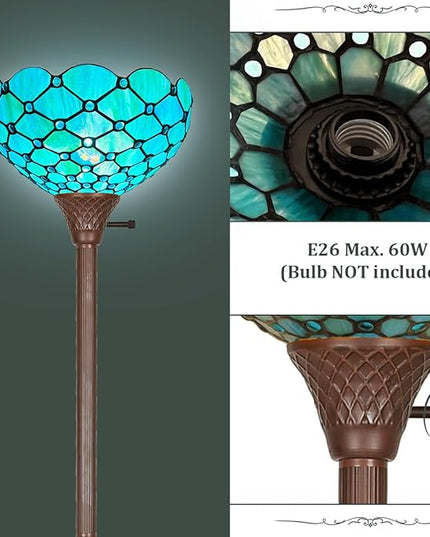 Capulina Tiffany Torchiere Floor Lamp 69 Inches Tall Industrial Pole Seagrass Blue Beads Style Stained Glass Standing Light for Home Office Living Room Bedroom - LeafyLoom