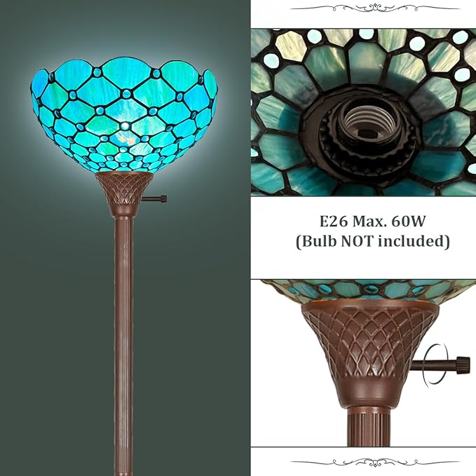 Capulina Tiffany Torchiere Floor Lamp 69 Inches Tall Industrial Pole Seagrass Blue Beads Style Stained Glass Standing Light for Home Office Living Room Bedroom - LeafyLoom