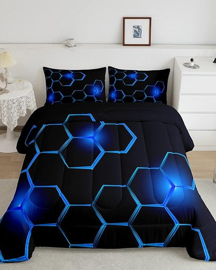 Honeycomb Kids Comforter Set Modern Geometry Hexagon Bedding Set for Boys Children Teens Bedroom Decor Geometrical Comforter Beehive Geometric Black Blue Duvet Set Twin Size with 1 Pillow Case - LeafyLoom
