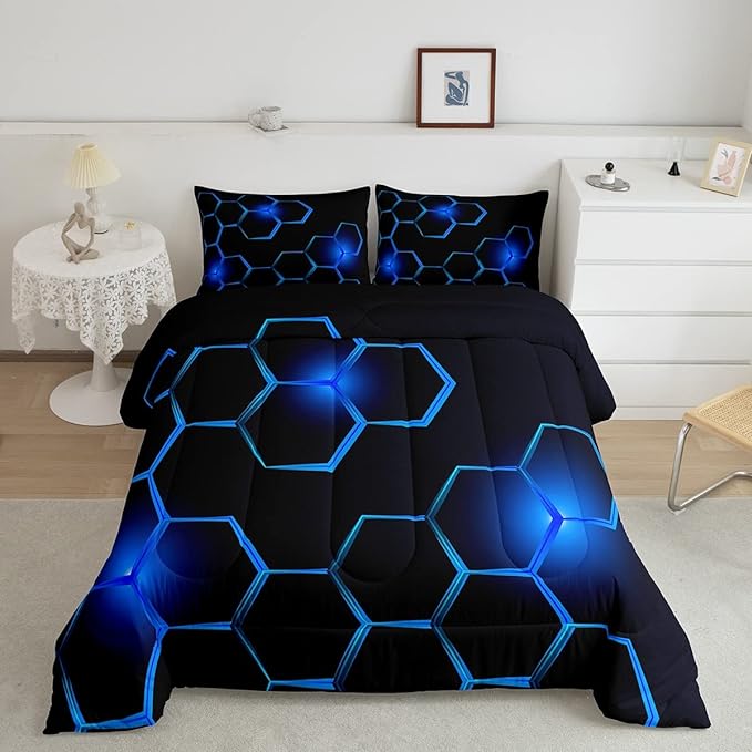Honeycomb Kids Comforter Set Modern Geometry Hexagon Bedding Set for Boys Children Teens Bedroom Decor Geometrical Comforter Beehive Geometric Black Blue Duvet Set Twin Size with 1 Pillow Case - LeafyLoom
