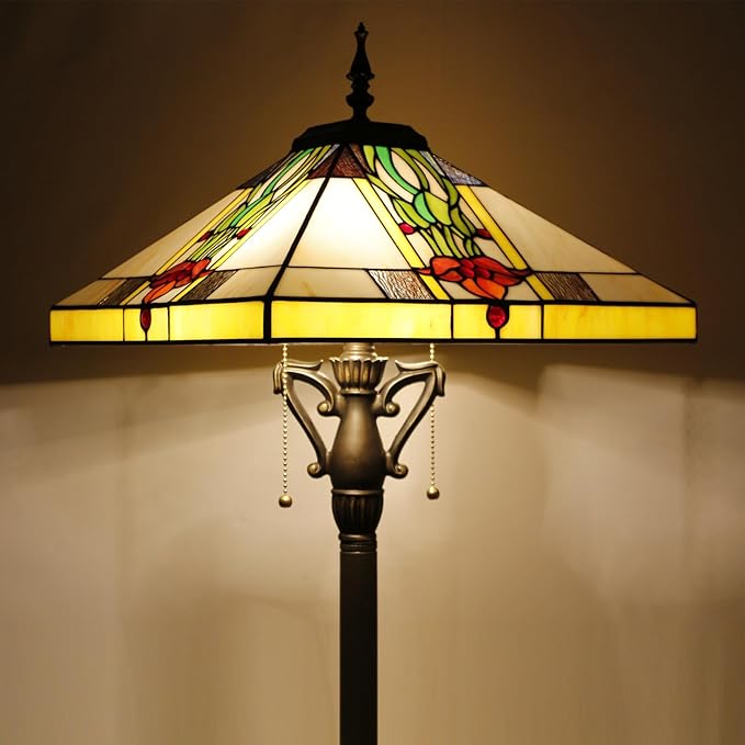 Tiffany Floor Lamp Mission Style Stained Glass Standing Reading Light 16X16X64 Inch Tulip Flower - LeafyLoom