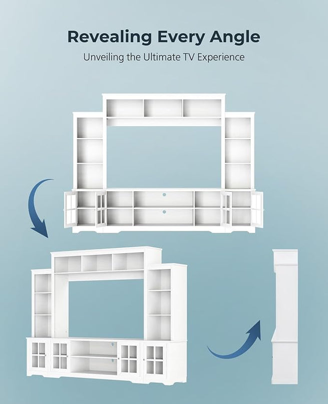 Large Wall Unit Entertainment Center with Storage, Modern TV Entertainment Center with Bookshelves and Bridge Cabinet, Living Room Tall Bookshelf with Storage, 65.7" Wide for TV Placement, White - LeafyLoom