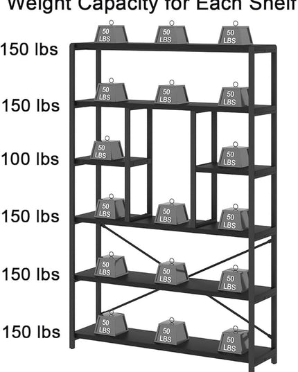 LVB 6 Tier Tall Black Bookshelf, Modern Large Wide Book Rack Storage, Industrial Wood Metal Etagere 6 Shelf Bookcase, Farmhouse Open Display Book Shelf Organizer for Bedroom Living Room Office, Black - LeafyLoom