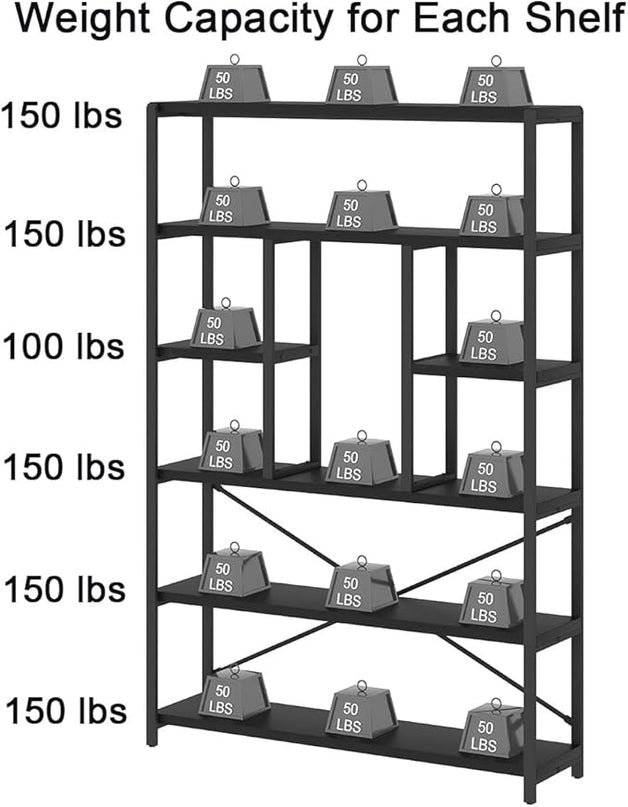 LVB 6 Tier Tall Black Bookshelf, Modern Large Wide Book Rack Storage, Industrial Wood Metal Etagere 6 Shelf Bookcase, Farmhouse Open Display Book Shelf Organizer for Bedroom Living Room Office, Black - LeafyLoom