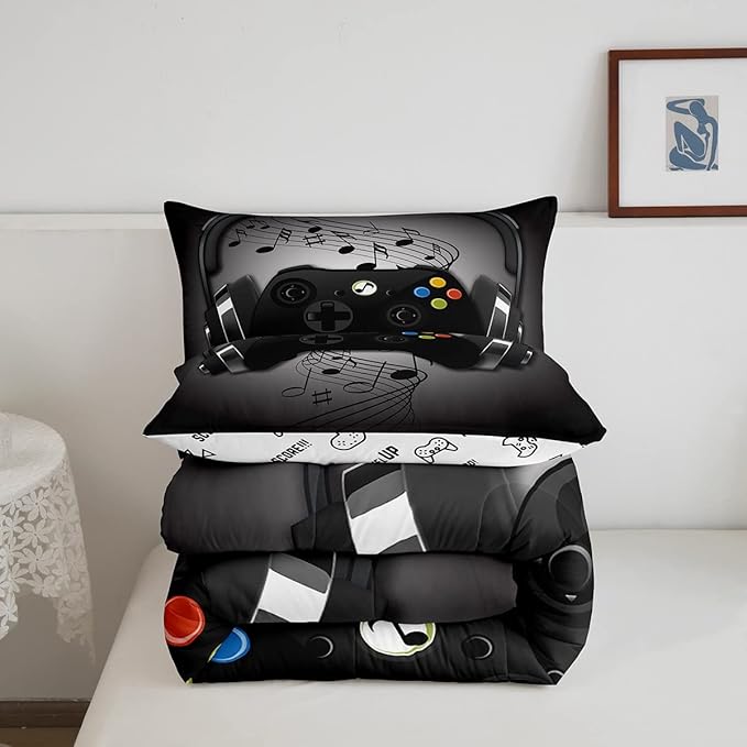 Gamer Comforter Set Queen Size,Black Grey Headphones Musical Design Games Gamepad Bedding Set for Kids Boys Video Game Room Decor Retro Playing Gamer Down Comforter Gaming Controller Quilted Duvet Set - LeafyLoom
