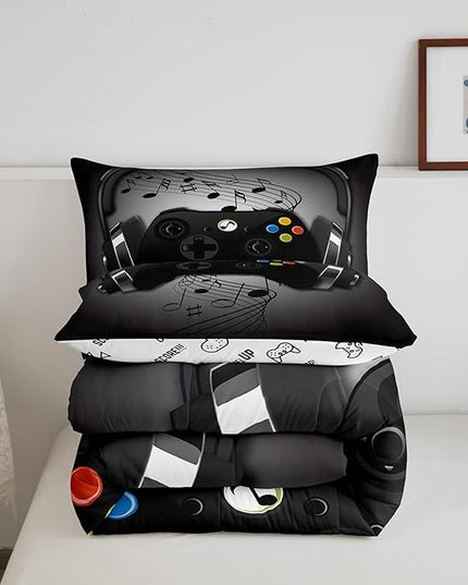 Gamer Comforter Set King Size,Black Grey Headphones Musical Design Games Gamepad Bedding Set for Kids Boys Video Game Room Decor Retro Playing Gamer Down Comforter Gaming Controller Quilted Duvet Set - LeafyLoom