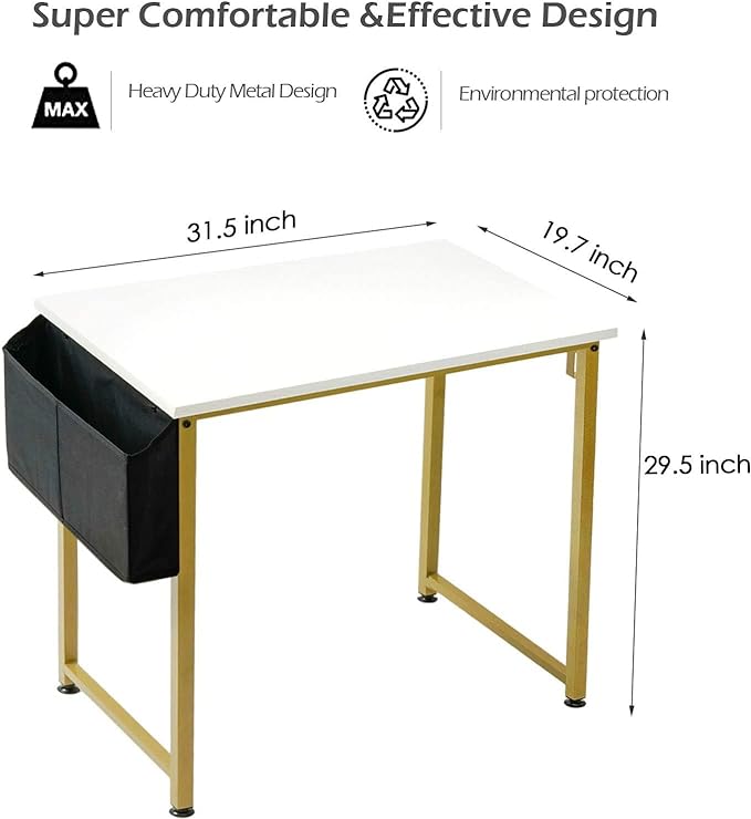 Lufeiya Small Computer Desk White Writing Table for Home Office Small Spaces 31 Inch Modern Student Study Laptop PC Desks with Gold Legs Storage Bag Headphone Hook,White Gold - LeafyLoom