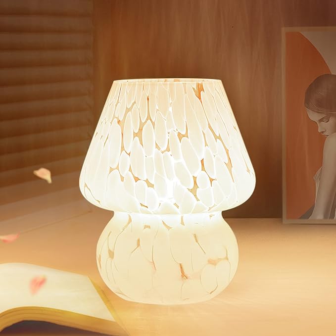 Mushroom Lamp Small Bedside Table Lamp-Nightstand Nightlight Dimmable Stepless, Translucent Glass White Desk Lamp for Bedroom Dorm Living Kitchen, Murano Style Aesthetic Cute Home Decor Gift - LeafyLoom