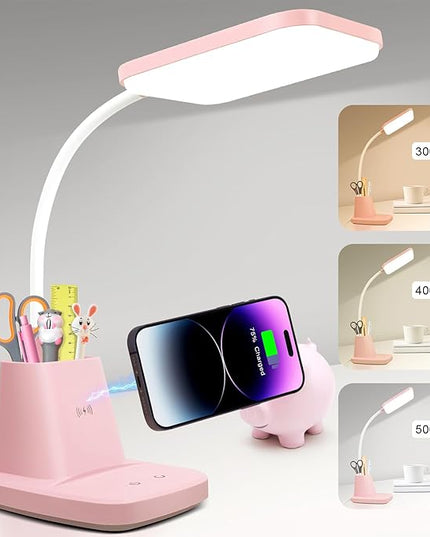 Sailstar Cute Desk Lamp, Pink Small Desk Lamp with Pen Holder, Wireless Charger LED Desk Lamps for Home Office, Kids Desk Lamp 800LM Gooseneck 3 Modes Dimmable Touch, Study Lamp for College Dorm Room - LeafyLoom