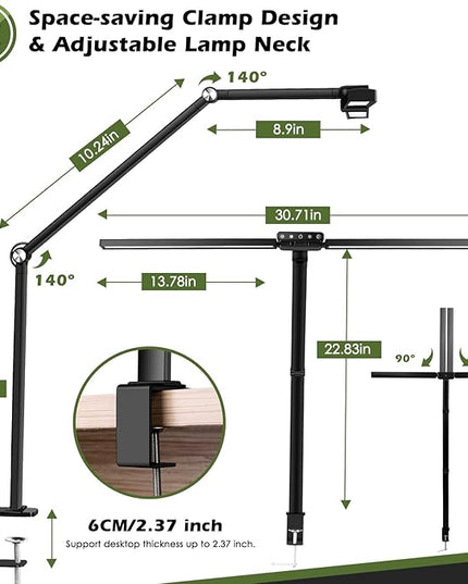 VSATEN LED Desk Lamp for Home Office, 24W Bright Architect Desk Lamp, 5 Modes Double Head Flexible Gooseneck Eye Caring Reading Study Light with Light Sensor Function for Workbench Study Reading - LeafyLoom