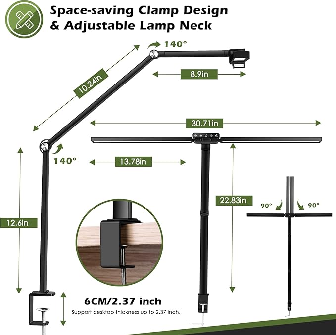 VSATEN LED Desk Lamp for Home Office, 24W Bright Architect Desk Lamp, 5 Modes Double Head Flexible Gooseneck Eye Caring Reading Study Light with Light Sensor Function for Workbench Study Reading - LeafyLoom