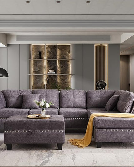 Living Room,Modular Sectional Sofa Set,L-Shape Storage Ottoman/Two Small pillow/Reversible Chaise,Couch for Large Space Dorm Apartment-Gray, 1 - LeafyLoom