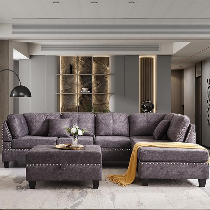 Living Room,Modular Sectional Sofa Set,L-Shape Storage Ottoman/Two Small pillow/Reversible Chaise,Couch for Large Space Dorm Apartment-Gray, 1 - LeafyLoom